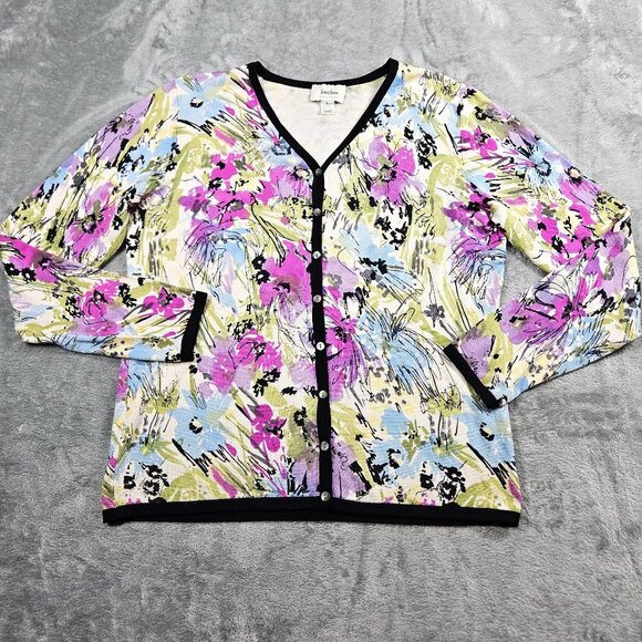 Neiman Marcus Cardigan Womens Large Purple Watercolor Floral Silk Blend Preppy - Picture 1 of 6